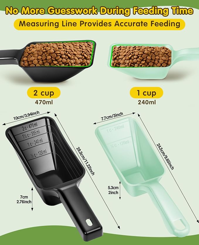 GNEOCO 2 Pack Dog Food Scoop with 1 Cup and 2 Cup Capacity, Plastic Pet Food Measuring Scoops with Clear Measurement Lines for Dogs, Cats & More,Dishwasher safe (Green and Black)
