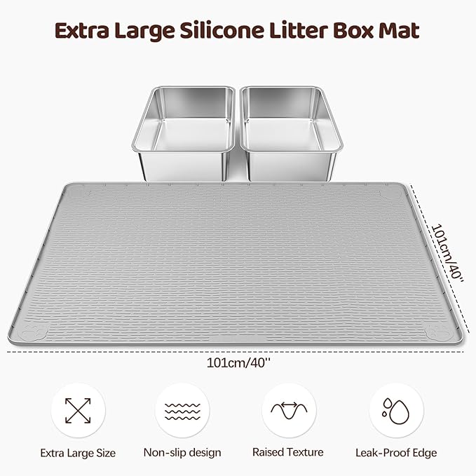 Bartuke Cat Litter Mat, XL Extra Large 40" x 40" Silicone Mat Litter Trapping Mat for Scatter Control, Soft on Kitty Paws, Easy to Clean (Light Grey)