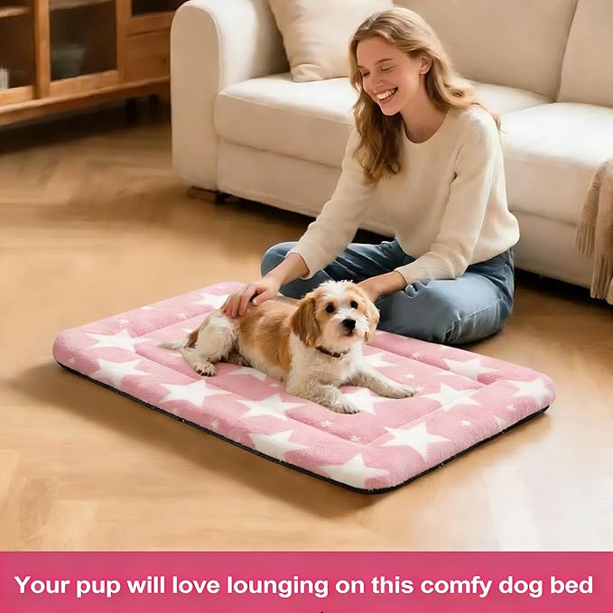 Fogkiss Dog Bed Mat, Reversible Crate Pad & Cute Dog Bed - Machine Washable Kennel Mat with Ultra Soft for Small Dogs (Big&Small Stars Pink, 24" L*18" W*1.5" Th)