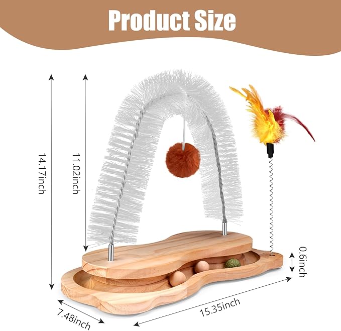 Cat Self Groomer Scratcher, Indoor Cats Rubbing Post Face Back Arch Grooming Massager Brush for Shedding with Kitten Interactive Catnip Ball Track Toy for Chasing Hunting Mental Physical Exercise