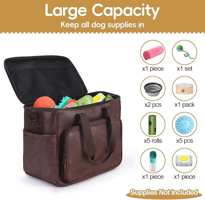 Lasaviin Dog Travel Bag, Leather Travel Pet Bag Set for Dog and Cat, Airline Approved Tote Organizer with Multi-Function Pockets, 2 Food Storage Containers, 2 Collapsible Bowls