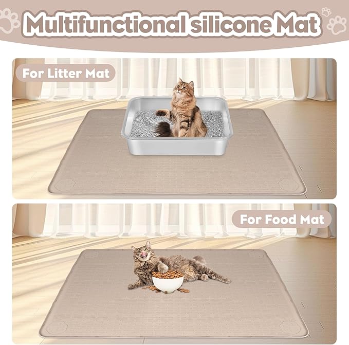 Bartuke Cat Litter Mat, Extra Large 40" x 28" Silicone Mat Litter Trapping Mat for Scatter Control, Soft on Kitty Paws, Easy to Clean (Khaki)