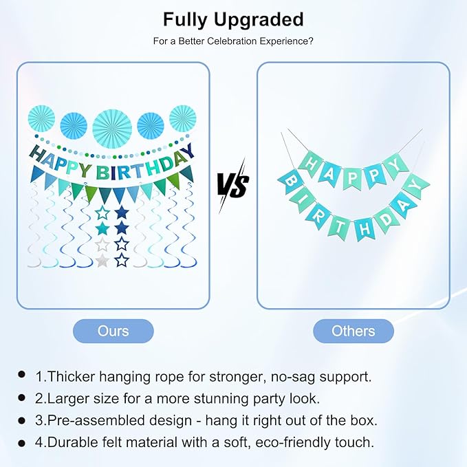 Pre-Strung 3D Felt Happy Birthday Banner, Reusable Blue Birthday Party Decorations for Men, Happy Birthday Sign with Felt Ball Garland, Pennant Flag, Hanging Paper Fans, Star Swirl Streamers