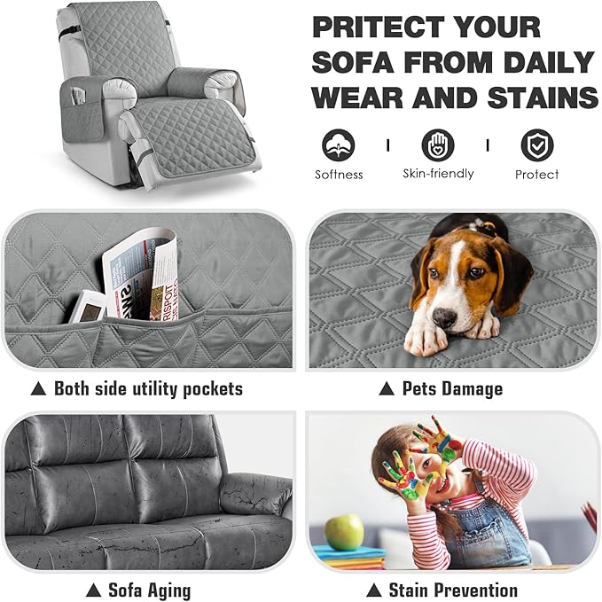 TAOCOCO 100% Waterproof Recliner Chair Cover Non-Slip Reclining Cover for Recliner Chair Washable Chair Seat Cover with Elastic Straps for Pets Sofa Slipcover with Pocket (Oversized 28'', Light Gray)