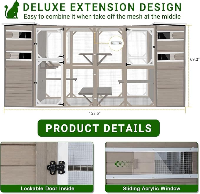 154" L Extra Large Catio Outdoor Cat Enclosure, Weatherproof Walk-in Catio Cat Patio Attached Window for Multiple Cats, Semi-Enclosed Kitty Enclosure Outside with 6 Platforms