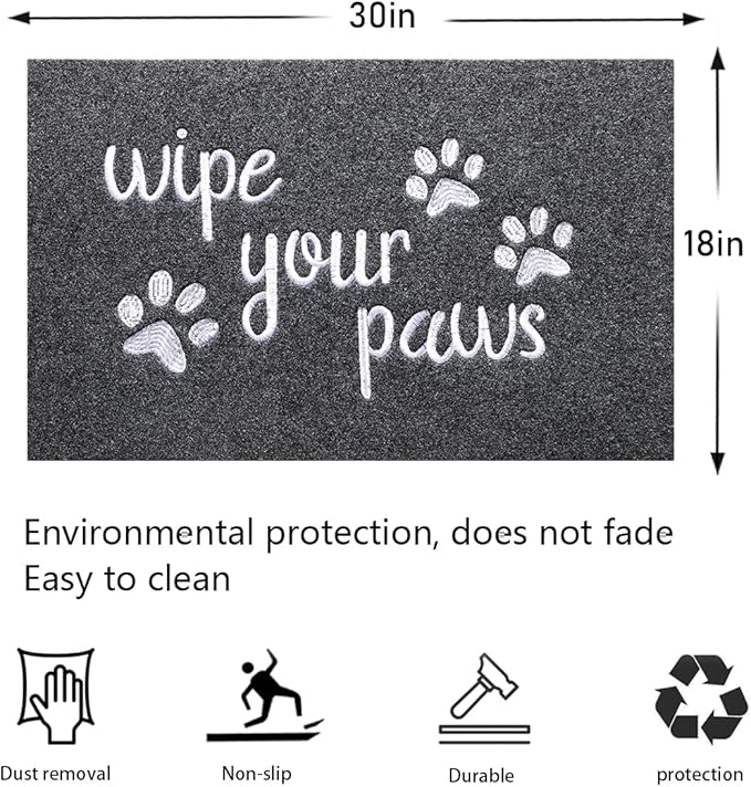 Welcome Mats for Front Door Wipe Your Paws Funny Doormat, Durable Natural Rubber Non Slip Back Mat Indoor Doormats Dog Doormats Mats for Entryway Porch Grey Mat 18X30 Inch