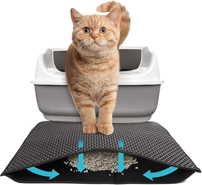 Cat Litter Mat 30x24 Inches, Honeycomb Double Layer Traps Litter & Waterproof Leatherette Bottom Prevents Urine Leaks, Durable & Easy Clean Pet Floor Protector for Cat Litter Box Area（Black）