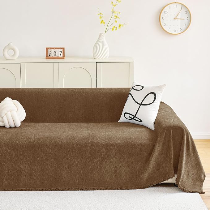 hyha Couch Cover for Dogs, Boho Sofa Covers for 3 Cushion Couch Washable, Chenille Sofa Slipcover for Pets, Soft Loveseat Sectional Couch Throw Blankets with Tassels (Chocolate, 71x91 Inch)