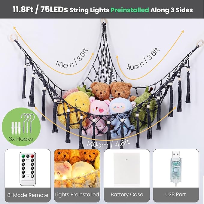 Stuffed Animal Hammock with 75LEDs, Large 55in Storage Macrame Hammock, Hanging Net for Kids Bedroom Doll Room Corner Organizer, USB Plush Animal Net with Remote (Gray, XL)
