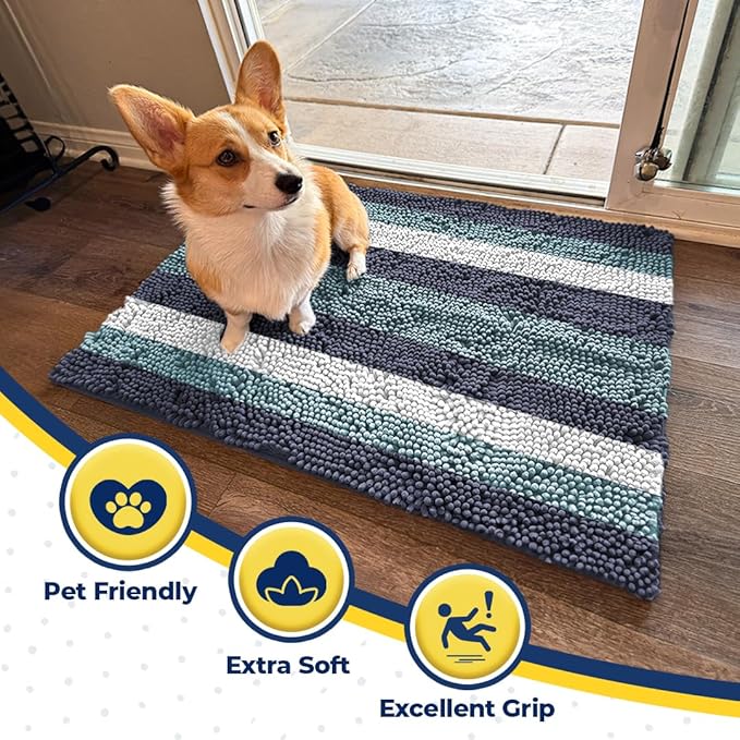 Muddy Mat® Super Absorbent Chenille Dog Door Mat for Muddy Paws – Non-Slip, Machine Washable Indoor Entry Rug, Quick-Dry Pet Mat for Entryway – Ocean Stripes 19"x30"