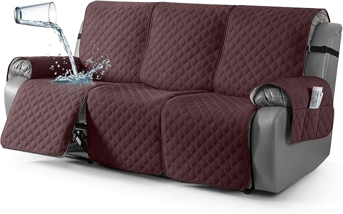 TAOCOCO 100% Waterproof Recliner Couch Covers, Recliner Sofa Covers with Leg Straps, 1-Piece Washable Reclining Sofa Cover with Pocket Couch Protector for Pets Kids(3 Seater, Coffee)