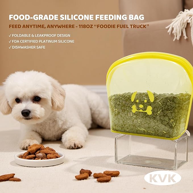 Extra Extra Large Silicone Dog Food Mat 39.4×43.3in and 128oz Silicone Bag Set, Super Size Waterproof Pet Feeding Mat & Container, Non-Slip, Chew-Resistant Floor Protection (Beige&Yellow)