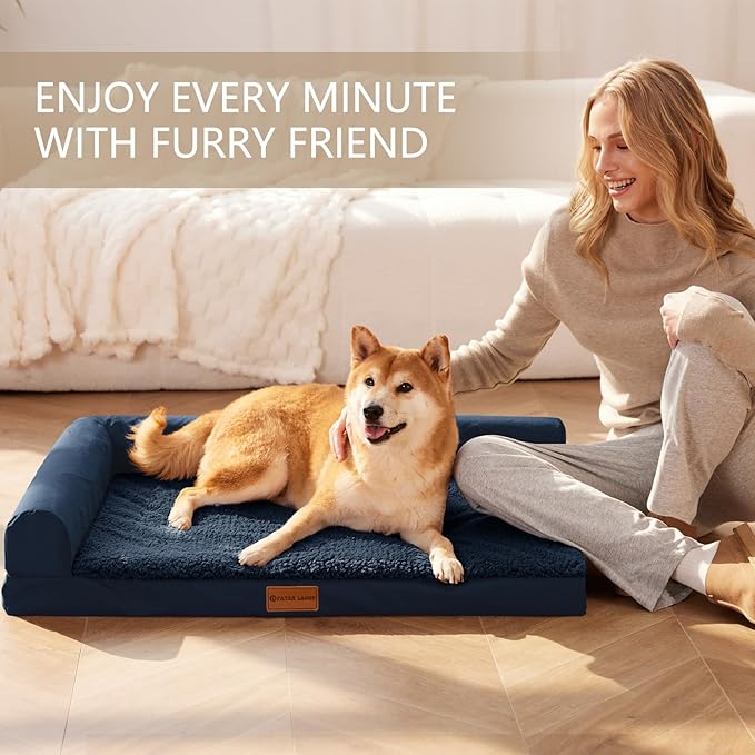 Patas Lague Orthopedic Dog Bed Medium Size Dog 30''X20'', Waterproof L Bolster Medium Pet Sofa Beds with Removable Washable Cover, Soft Pet Couch Crate Mat with Nonskid Bottom, Navy Blue
