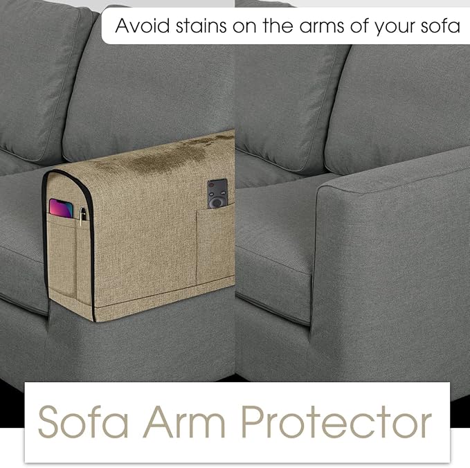 Joywell Armchair Slipcovers for Living Room Anti-Slip Sofa Arm Protector for Dogs, Cats, Pets Linen Arm Chair Slipcover for Recliner with 4 Pockets for TV Remote Control, Phone, Set of 2, Khaki