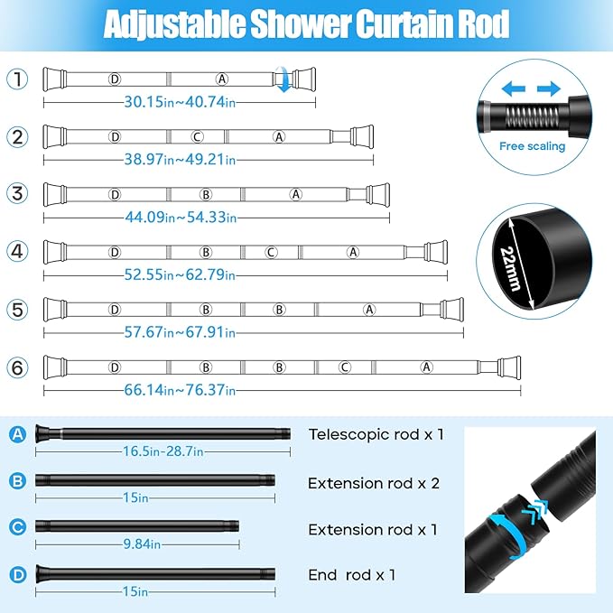 1pack Shower Curtain Rod 30-76 inch Black Tension Rod Shower rod Non Slip Adjustable Curtain Rods No Drilling Tension Curtain Rod Shower Rods for Bathroom Windows Closet