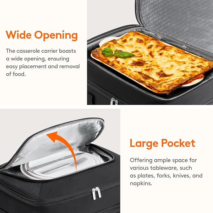 Lifewit Double Decker Casserole Carrier for Hot and Cold Food, Insulated Casserole Dish Carrier Carrying Case with Tool Room, Thermal Bag for Potluck Parties Cookouts Fits 9"×13" Baking Dish, Black