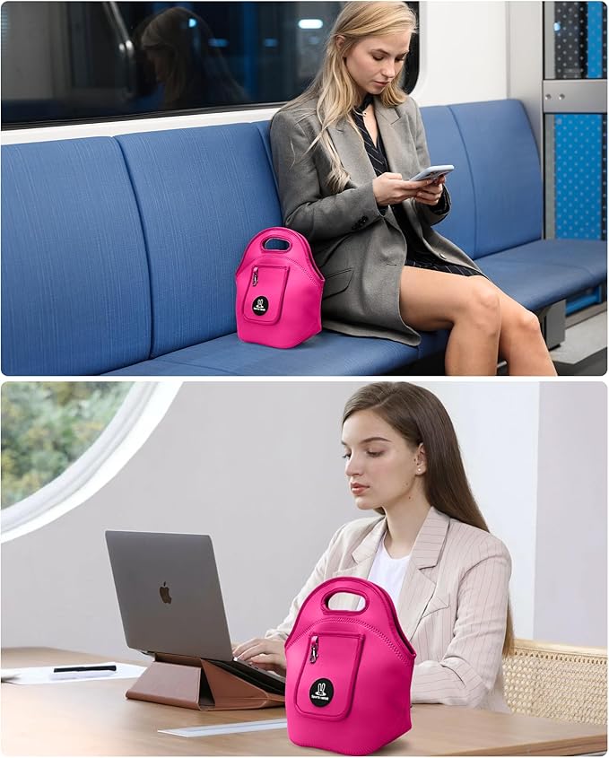 Sports Rabbit Insulated Neoprene Lunch Bag for Women – Foldable Lunch Tote with Front Pocket for Phone & Keys – Reusable, Lightweight, Waterproof, Easy Clean – Ideal for Work, Travel, Picnic(Rose Red)