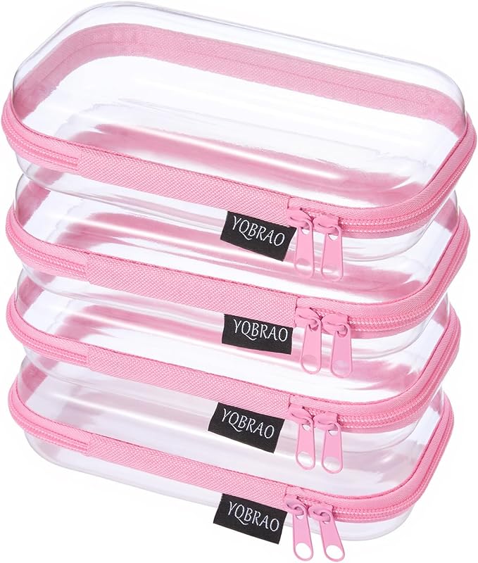 YQBRAO 4-Pack Clear Hard Shell Zipper Case, 1.2mm Ultra-Thick Diaper Bag Organizer Pouches, Rigid Self-Standing Travel Makeup Bags with YKK Zippers, TSA Approved, Pink
