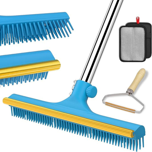 3 in 1 Carpet Rake for Pet Hair Removal, Reusable Pet Hair Remover Broom, 60'' Adjustable Long Handle Dog and Cat Hair Remover Tool Set of 3, Lint Remover Scraper for Carpets, Rugs, Mats, Couch, Car