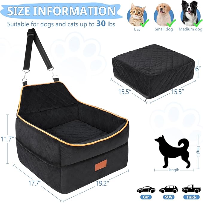 GL GLENSLAVE Dog Car Seat for Small Medium Dogs, Memory Foam Dog Booster Car Seat for Pets Under 35 lbs, Anti-Slip Pet Carseat with 2 Adjustable Leashes, Elevated Dog Travel Bed with Storage Pockets