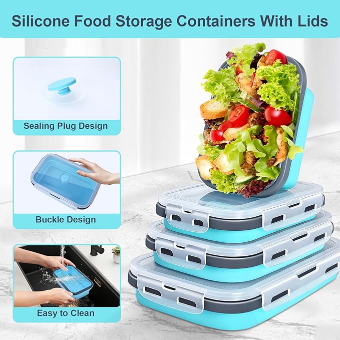 Collapsible Silicone Food Storage Containers with Lids, Collapsible Food Storage Containers, Camping Dishes, 4 Pack Foldable Lunch Box for Leftovers, Meals, Snacks, Gray