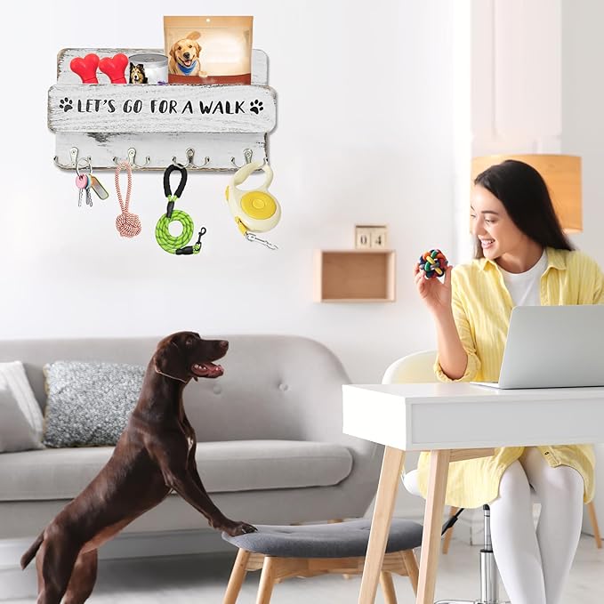 Wood Dog Leash Holder for Wall, Key Hangers with 4 Double Key Hooks, Dog Leash Hanger Wall Mounted for Entryway, Farmhouse Treats,30cm,White