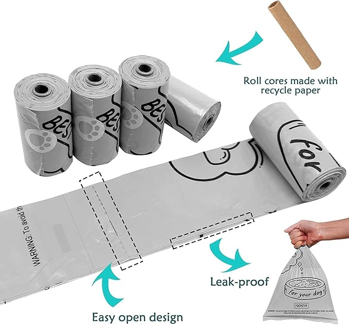 Dog Poop Waste Bags Holder with LED Flashlight|Cute Doggie Poo Bags Dispenser for Pet Leash|Trash Waste Bags Carrier with Potty Clip Fastener LR44 Button Cells Included (Grey, 1 Holder 195 Bags)