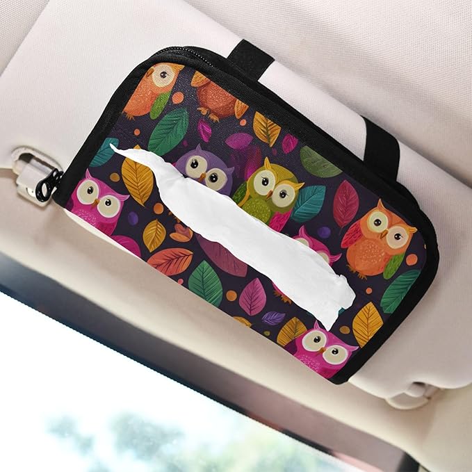 Car Tissue Holder Car Napkin Holder Car Tissue Box Dispenser Storage Case Sun Visor Mask Holder with Adjustable Straps Reusable Refillable Black Owl and Leaves