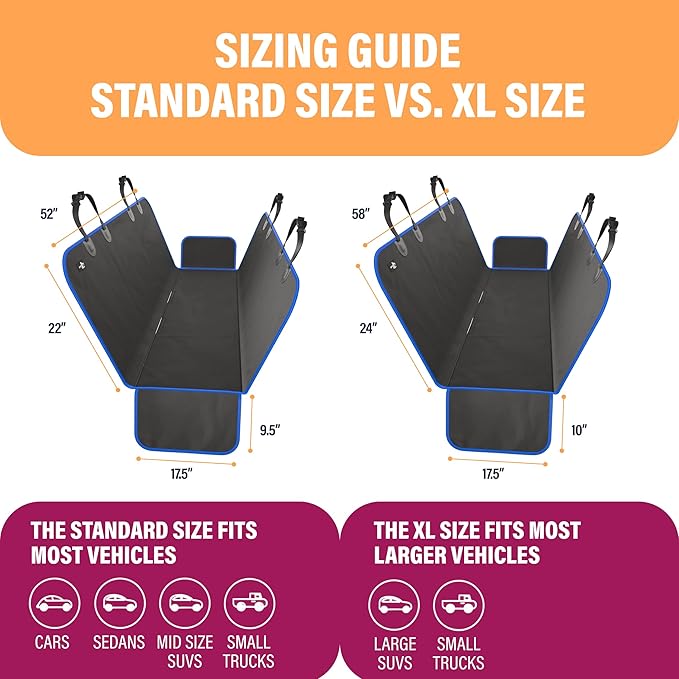 Active Pets XL Waterproof Hammock Large Car Seat Cover, Fits SUVs Trucks Big Sedans, Secure Convertible Travel Bed Protects Backseat Cargo from Dog Puppy Pet Water Food Drool Urine, Black w/Blue Trim