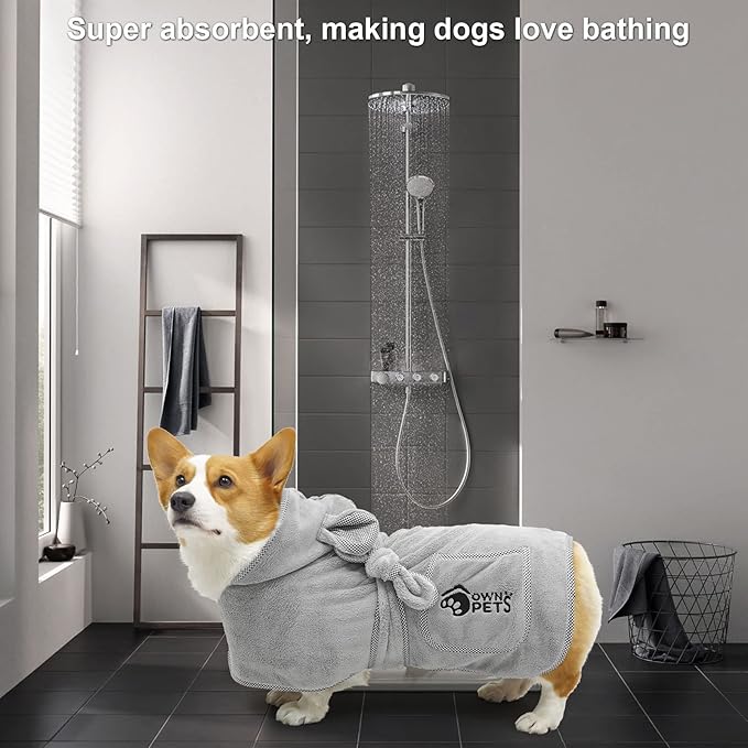 Ownpets Dog Bathrobe Towel, Super Absorbent Soft Dog Drying Robe with Cap & Pocket for Bathing & Beach Trips, Microfibre Fast Drying Dog Towel Robe for Dogs and Cats(Small)