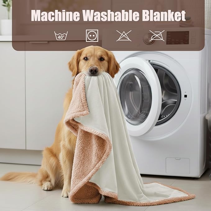 Makigued Waterproof Dog Blanket for Couch & Bed, Reversible Sherpa Fleece Pet Throw with Quiet TPU Barrier, Machine Washable Furniture Protector for Large Dogs & Cats, Twin Size 60x80 Inch, Cream