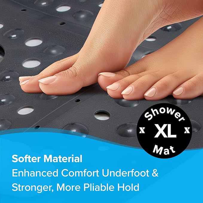 SlipX Solutions 27" Oversize Square Shower Mat, Non-Slip Mat for Elderly & Kids, 100+ Power Grip Suction Cups for Smooth Surfaces, Machine Washable, Black
