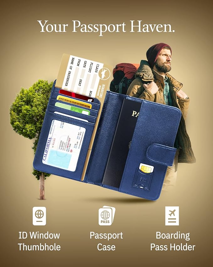 Passport Holder Cover Wallet RFID Blocking - Handmade Leather Passport Case Travel Document Organizer For Men & Women Navy Blue