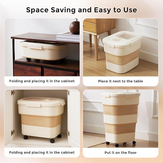 45-50lbs Dog Food Storage Container, Large Capacity Collapsible Airtight Pet Food Storage Containers with Rolling Wheels, Transparent Lid, Scoop and Date Track, Brown