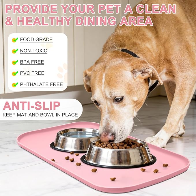 Silicone Pet Food Mat with Raised Edge for Food and Water Bowl, Dog Feeding Mats, Cat Food Trays for Floor Waterproof, Rubber Tray for Dogs and Cats, 19 x 12 x 0.7 Sakura Pink