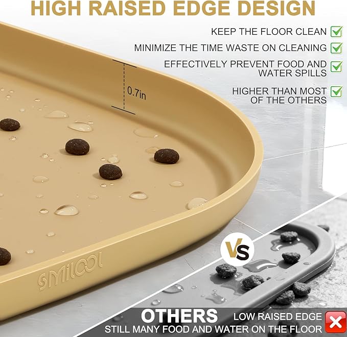 Small Silicone Pet Food Mat with Raised Edge for Food and Water Bowl, Square Dog Feeding Mats, Cat Food Trays for Floor Waterproof, Rubber Tray for Dogs and Cats, 12 x 12 x 0.7 Beige