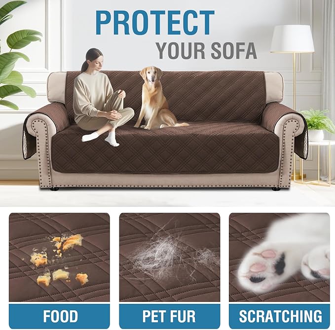 H.VERSAILTEX 100% Waterproof Sofa Covers for 3 Cushion Couch Modern Sofa Cover for Dogs XL Couch Covers for Oversized Sofa with Elastic Straps (Oversized Sofa, Brown/Beige)