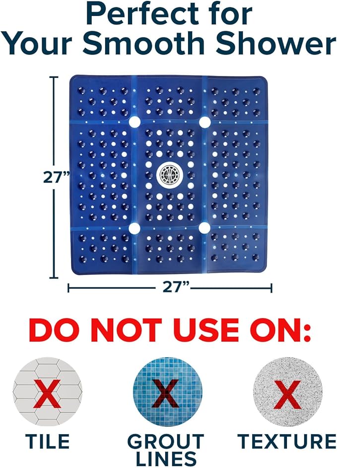 SlipX Solutions 27" Oversize Square Shower Mat, Non-Slip Mat for Elderly & Kids, 100+ Power Grip Suction Cups for Smooth Surfaces, Machine Washable, Solid Navy Blue