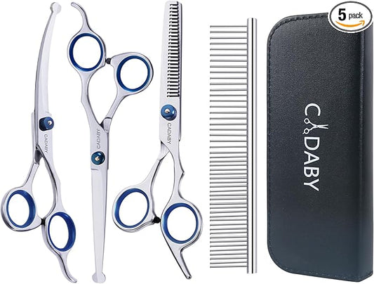CADABY Dog Grooming Scissors with Safety Round Tips, 5 in 1 Dog Grooming Scissors Kit, 4CR Stainless Steel Professional Pet Grooming Shears for Cat, Sharp and Sturdy