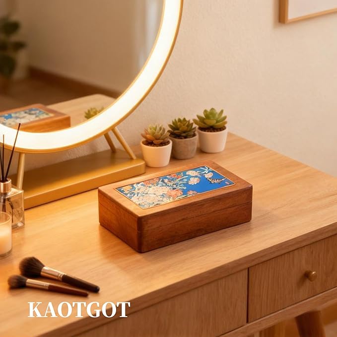 Travel Jewelry Case Small Wood Jewelry Organizer Jewelry Box for Women (Nut-Brown Print F)