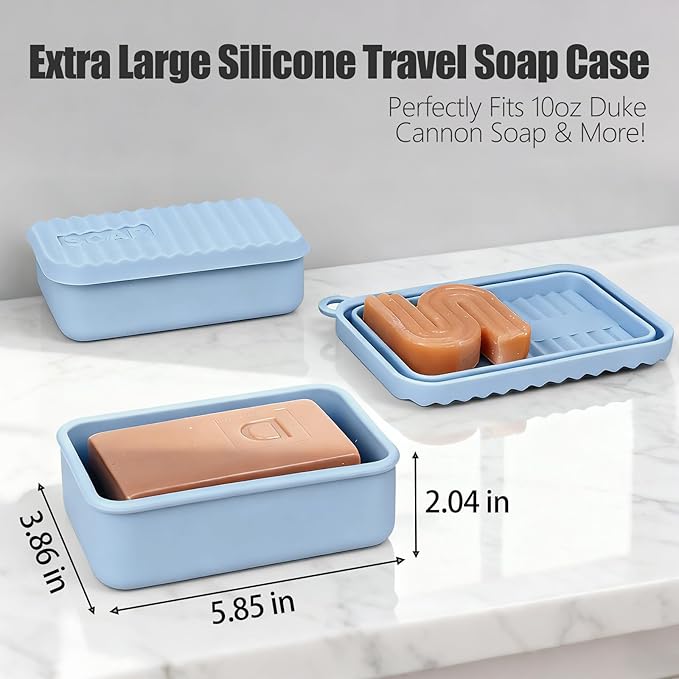 Oversized Silicone Soap Holder for Two Bars of Soap with lid – Leak Proo, Large Capacity, Durable, Impact-Resistant, Stain-Resistant, Fit Shampoo and Conditioner Bar Set (Light Blue)