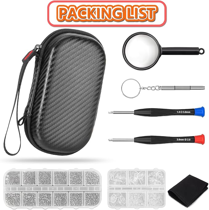 Eyeglass Repair Kit with Screws, Mini Glasses Repair Kit, Eye Glass Repairing Kit with Eyeglass Screws, Silicone Nose Pads, Tweezer, Screwdriver for Eyeglasses,Sunglasses, Magnify Glass and Case