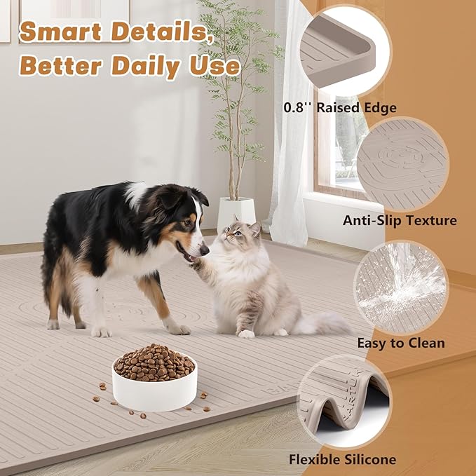Lorvain Dog Food Mat, 45" x 30" Silicone Pet Feeding Mat with Raised Edges, Extra Large Pet Placemat for Dog Cat Food and Water Bowl Non-Slip, Easy to Clean, Waterproof & Floor Protection, Beige