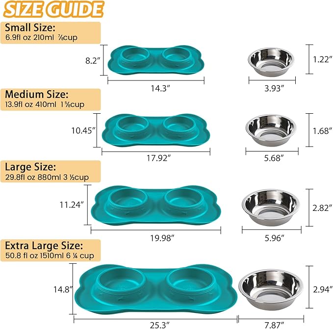 Hubulk Pet Dog Bowls 2 Stainless Steel Dog Bowl with No Spill Non-Skid Silicone Mat + Pet Food Scoop Water and Food Feeder Bowls for Feeding Small Medium Large Dogs Cats Puppies (Large, Green)