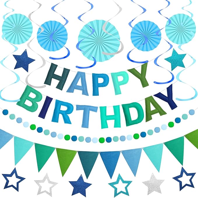 Pre-Strung 3D Felt Happy Birthday Banner, Reusable Blue Birthday Party Decorations for Men, Happy Birthday Sign with Felt Ball Garland, Pennant Flag, Hanging Paper Fans, Star Swirl Streamers