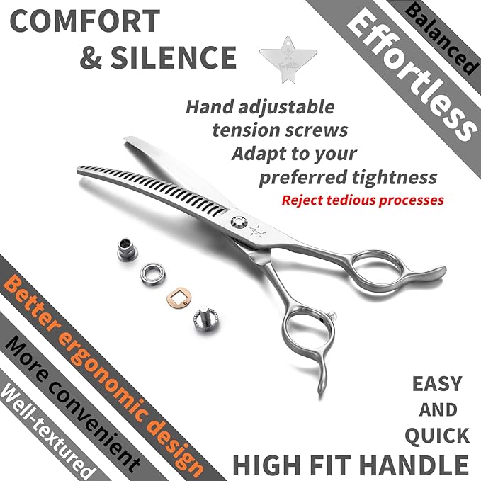 High-end Professional Dog Grooming Curved Thinning Scissors Teeth Blending Shears Pet Texturizing Thinner Blender Shears 7 Inch Extremely Very Sharp Made Of Stainless Steel Alloy For Dog Cat Groomer