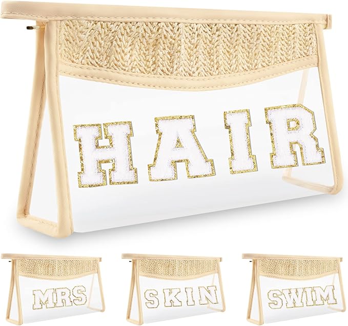 izuzta Clear Letter Patch Makeup Bag, Boho Transparent PVC Waterproof Travel Cosmetic Organizer, Unisex-Adult, 10.2 x 5.7 x 2.4 inches