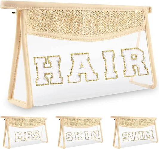 izuzta Clear Letter Patch Makeup Bag, Boho Transparent PVC Waterproof Travel Cosmetic Organizer, Unisex-Adult, 10.2 x 5.7 x 2.4 inches
