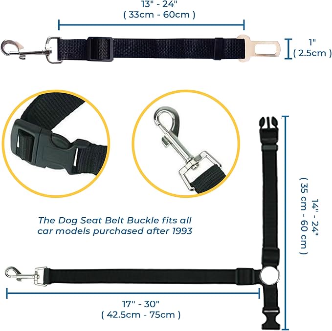 SunGrow Dog Seatbelt & Leash, Universal Vehicle Seatbelt Harness for Car Headrest, Pet Travel Essential, Adjustable Lead, Black Nylon, 19”-31” & 14-19” x 17-30”, 2 Pcs. Per Pack