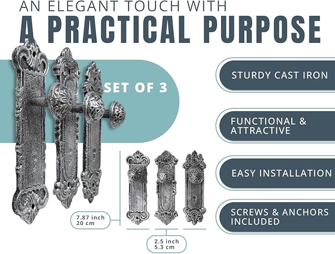 Comfify Shabby Chic Cast Iron Decorative Wall Mounted Hooks – Silver/Black - Door Knob Coat Hooks - Set of 3 - Screws and Anchors Included - Antique Wall Hooks for Hanging Clothes